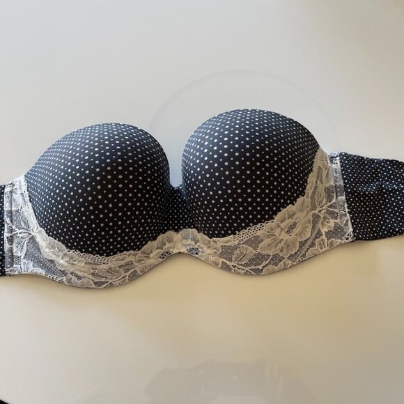 NWOT Victoria's Secret Strapless Black & White polkadot floral lace trim 38DDD - Picture 2 of 15